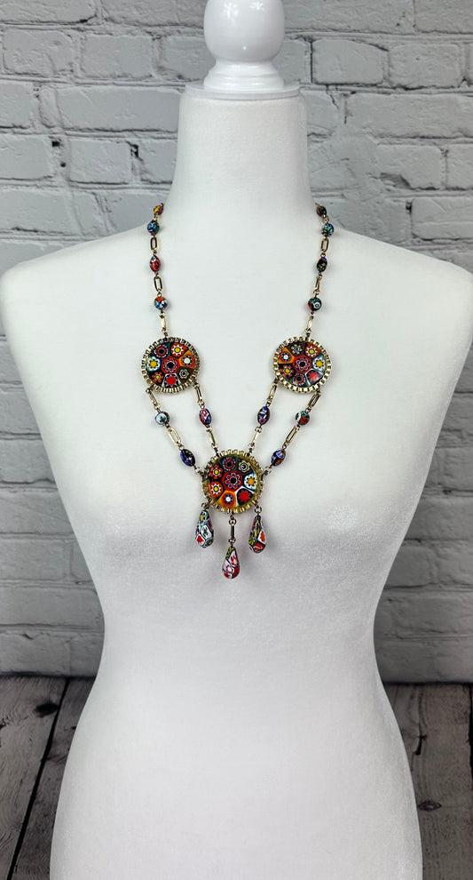 Faux Millefiori and Gold Tone Necklace