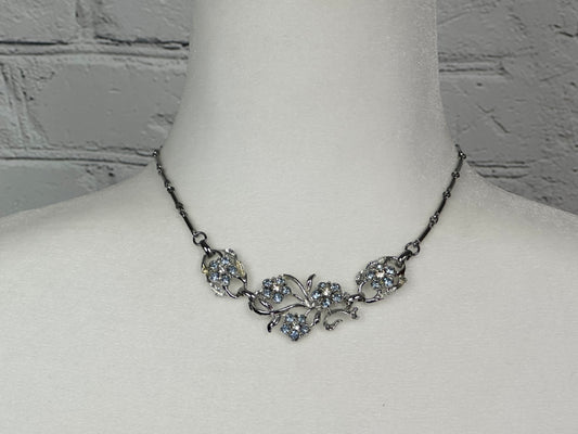 Aquamarine and White Crystal floral spray set in Rhodium Plating Necklace