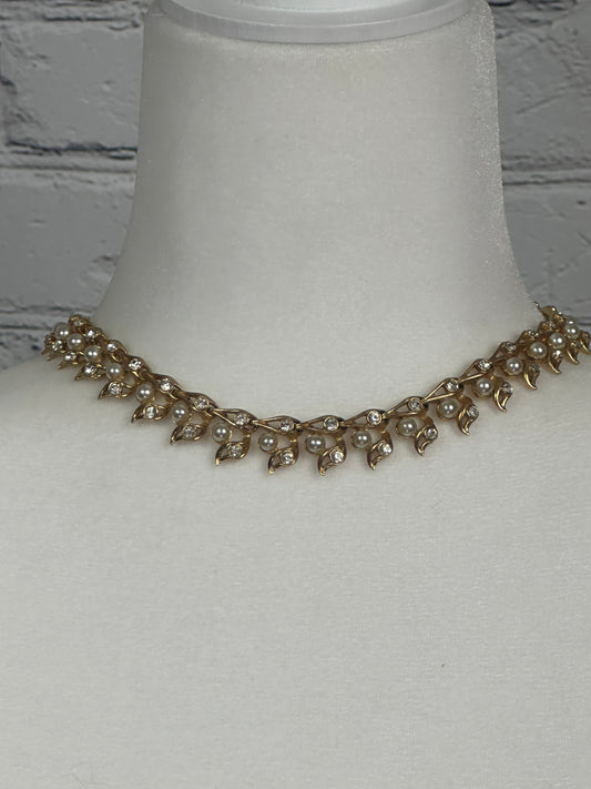 Faux Pearl and Crystal Choker in Gold Tone