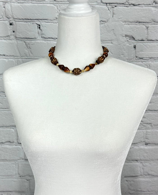 Brown Wooden Bead Choker Necklace